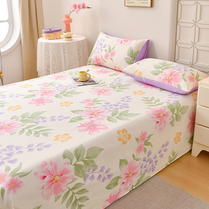 91家纺网 家纺一手货源 找家纺 宇彬家纺 2025直播新款13070全棉纯棉印花双人单床单枕套三件套喷气小清新简约学生被单 夏日