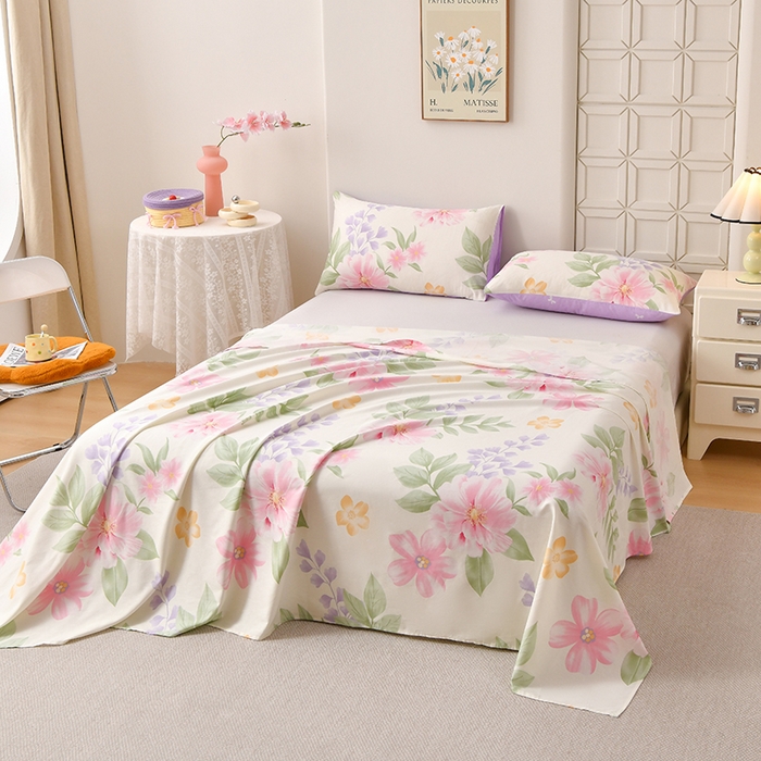 91家纺网 家纺一手货源 找家纺 宇彬家纺 2025直播新款13070全棉纯棉印花双人单床单枕套三件套喷气小清新简约学生被单 夏日