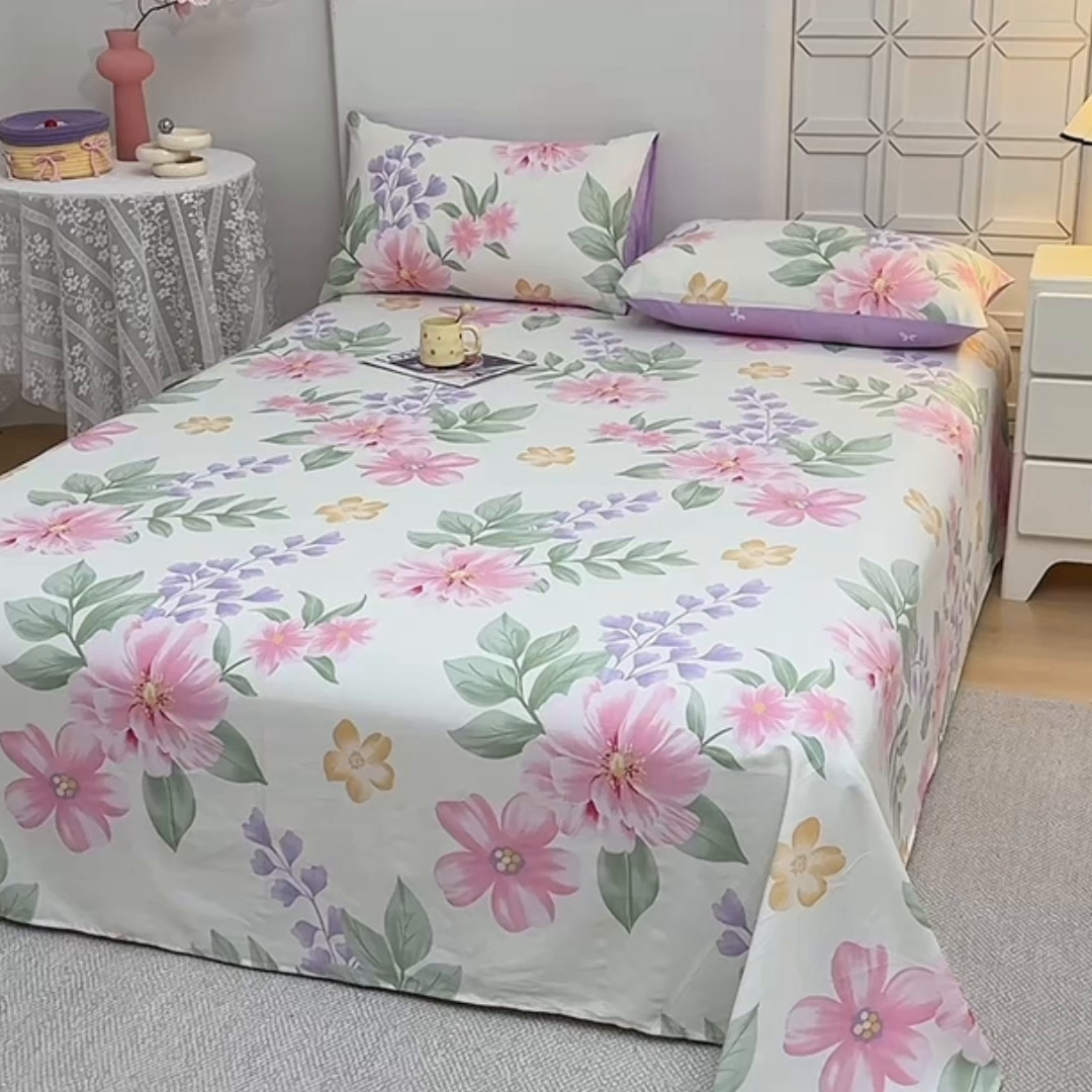 91家纺网 家纺一手货源 找家纺 宇彬家纺 2025直播新款13070全棉纯棉印花双人单床单枕套三件套喷气小清新简约学生被单 夏日