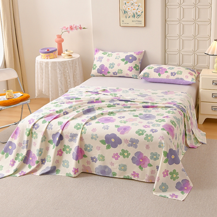 91家纺网 家纺一手货源 找家纺 宇彬家纺 2025直播新款13070全棉纯棉印花双人单床单枕套三件套喷气小清新简约学生被单 小甜美