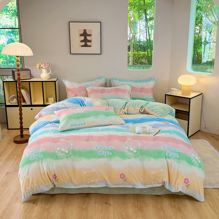 91家纺网 家纺一手货源 找家纺 王朝国际 2026新款高克重牛奶绒印花四件套 彩虹冰激凌