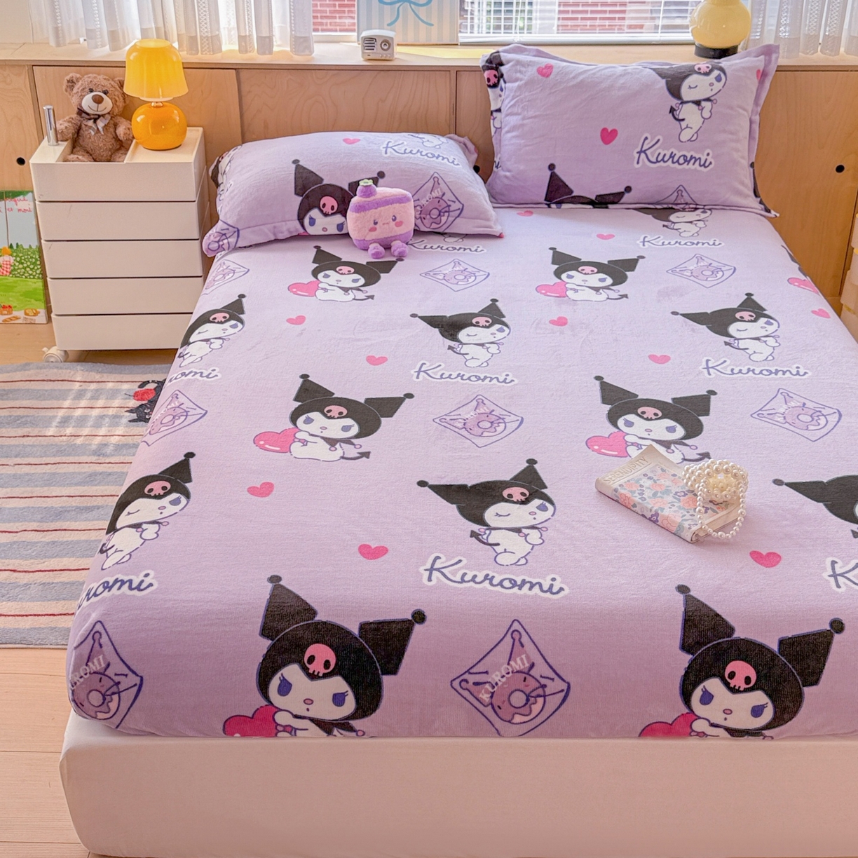 91家纺网 家纺一手货源 找家纺 名兮-2025经典奥特曼-三丽鸥高克重印花牛奶绒床笠 紫色库洛米