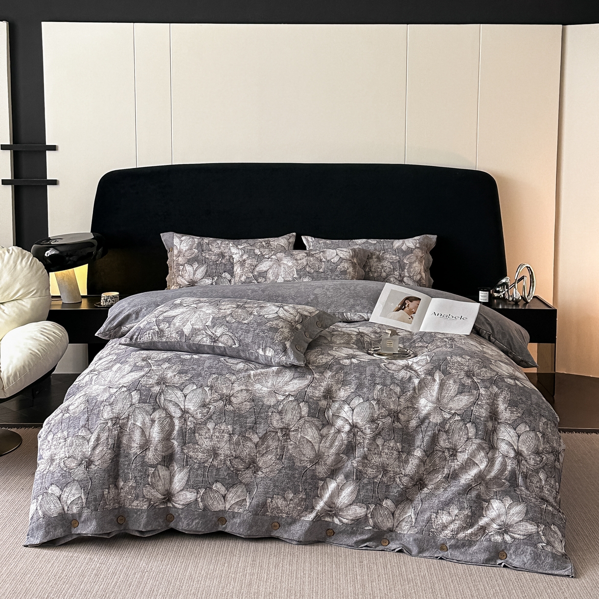 91家纺网 家纺一手货源 找家纺 悦织湾家纺 2025新款纽扣款轻奢原麻四件套复古中式艺术雅致轻奢床上用品三四件套 轻奢原麻-荷花丛林