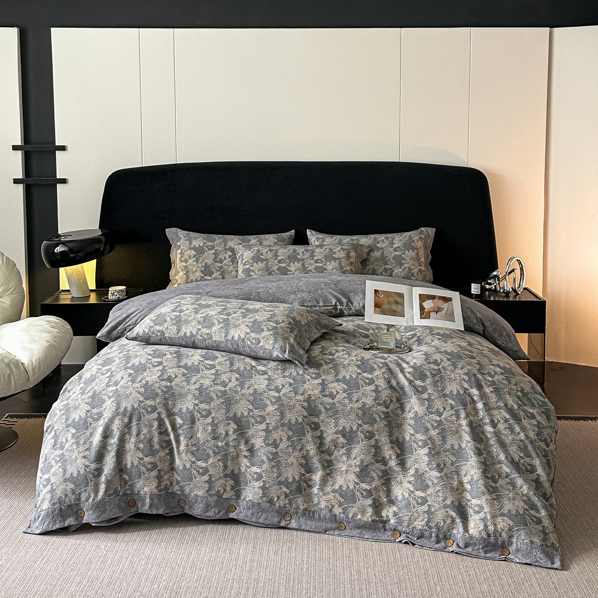 91家纺网 家纺一手货源 找家纺 悦织湾家纺 2025新款纽扣款轻奢原麻四件套复古中式艺术雅致轻奢床上用品三四件套 轻奢原麻-花影随行