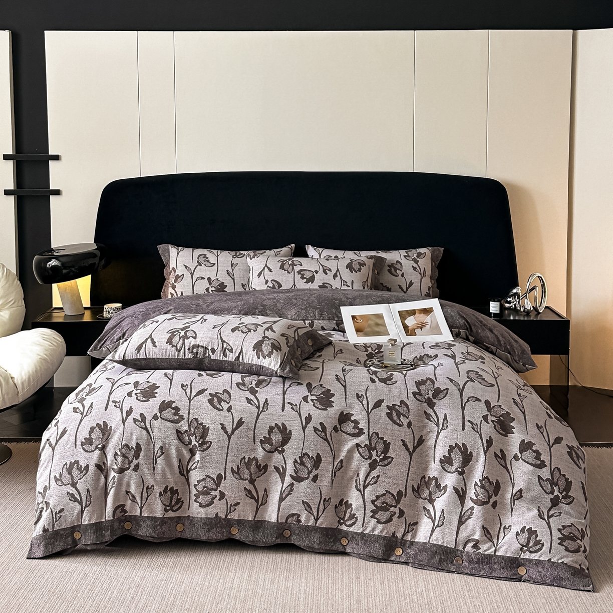 91家纺网 家纺一手货源 找家纺 悦织湾家纺 2025新款纽扣款轻奢原麻四件套复古中式艺术雅致轻奢床上用品三四件套 轻奢原麻-凤尾花语