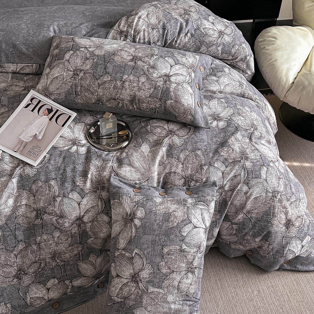 91家纺网 家纺一手货源 找家纺 （总）悦织湾家纺 2025新款纽扣款轻奢原麻四件套复古中式艺术雅致轻奢床上用品三四件套