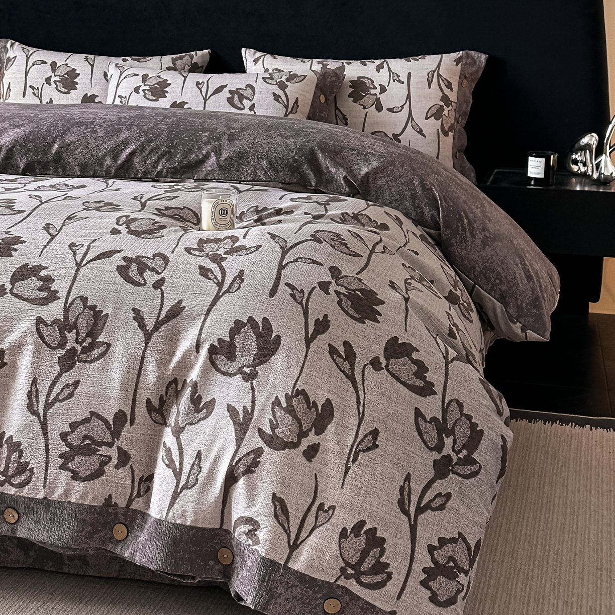 91家纺网 家纺一手货源 找家纺 悦织湾家纺 2025新款纽扣款轻奢原麻四件套复古中式艺术雅致轻奢床上用品三四件套 轻奢原麻-凤尾花语