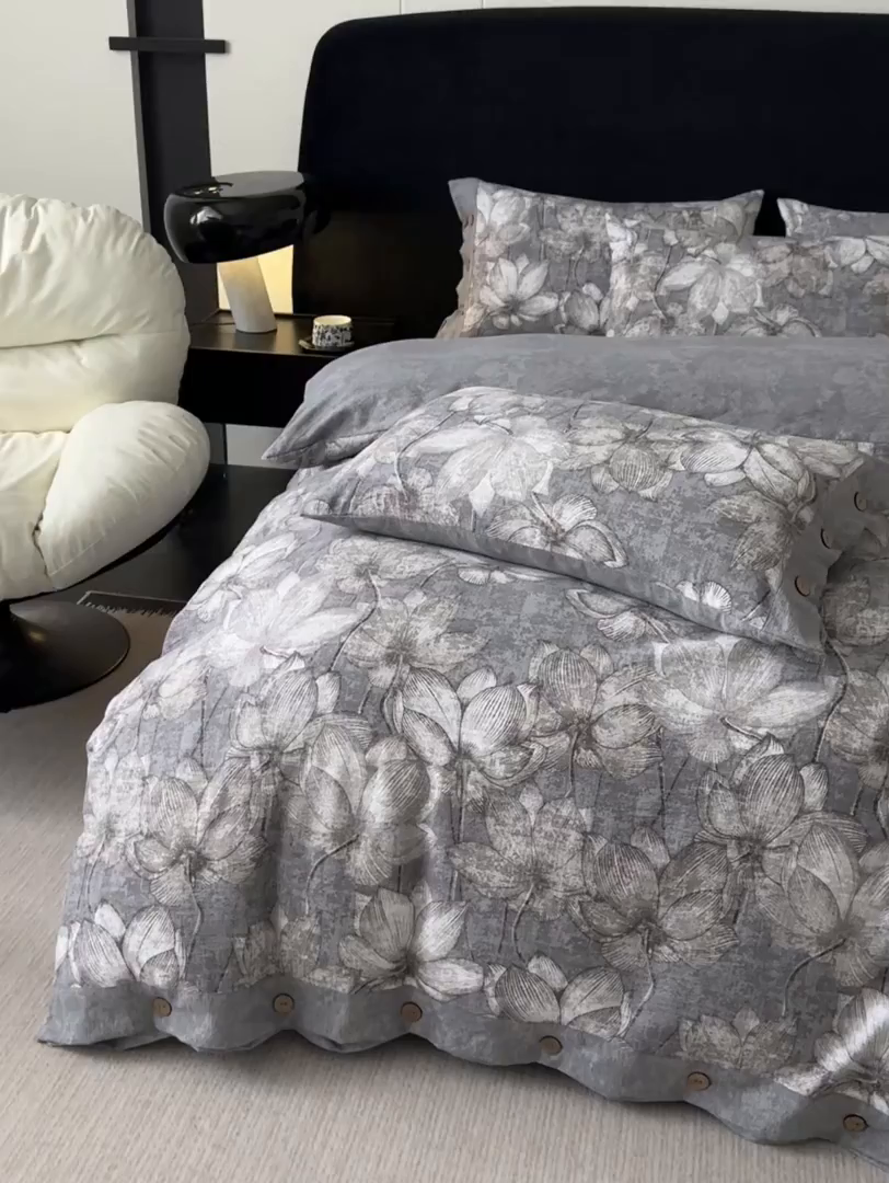 91家纺网 家纺一手货源 找家纺 （总）悦织湾家纺 2025新款纽扣款轻奢原麻四件套复古中式艺术雅致轻奢床上用品三四件套