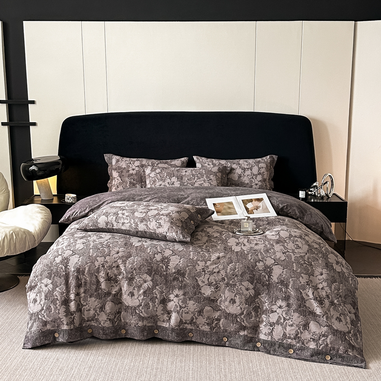 91家纺网 家纺一手货源 找家纺 悦织湾家纺 2025新款纽扣款轻奢原麻四件套复古中式艺术雅致轻奢床上用品三四件套 轻奢原麻-伊莉莎-咖