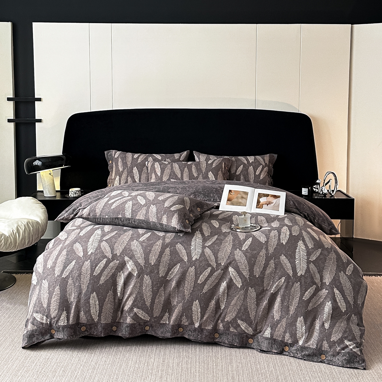 91家纺网 家纺一手货源 找家纺 悦织湾家纺 2025新款纽扣款轻奢原麻四件套复古中式艺术雅致轻奢床上用品三四件套 轻奢原麻-青枫