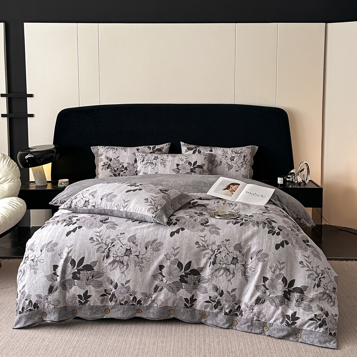 91家纺网 家纺一手货源 找家纺 悦织湾家纺 2025新款纽扣款轻奢原麻四件套复古中式艺术雅致轻奢床上用品三四件套 轻奢原麻-相思-灰