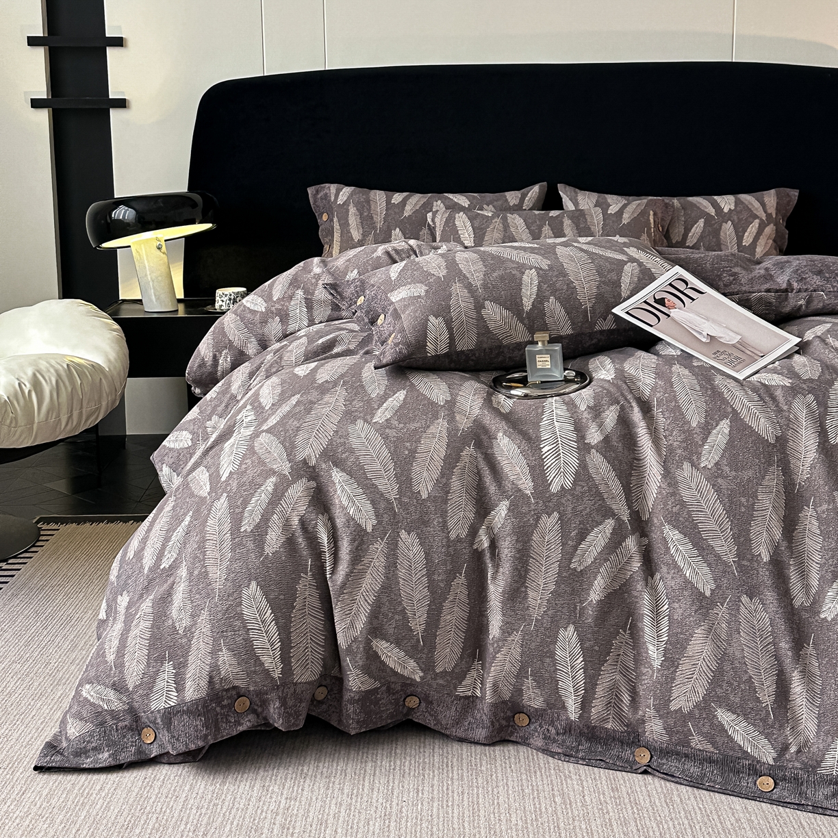 91家纺网 家纺一手货源 找家纺 悦织湾家纺 2025新款纽扣款轻奢原麻四件套复古中式艺术雅致轻奢床上用品三四件套 轻奢原麻-青枫