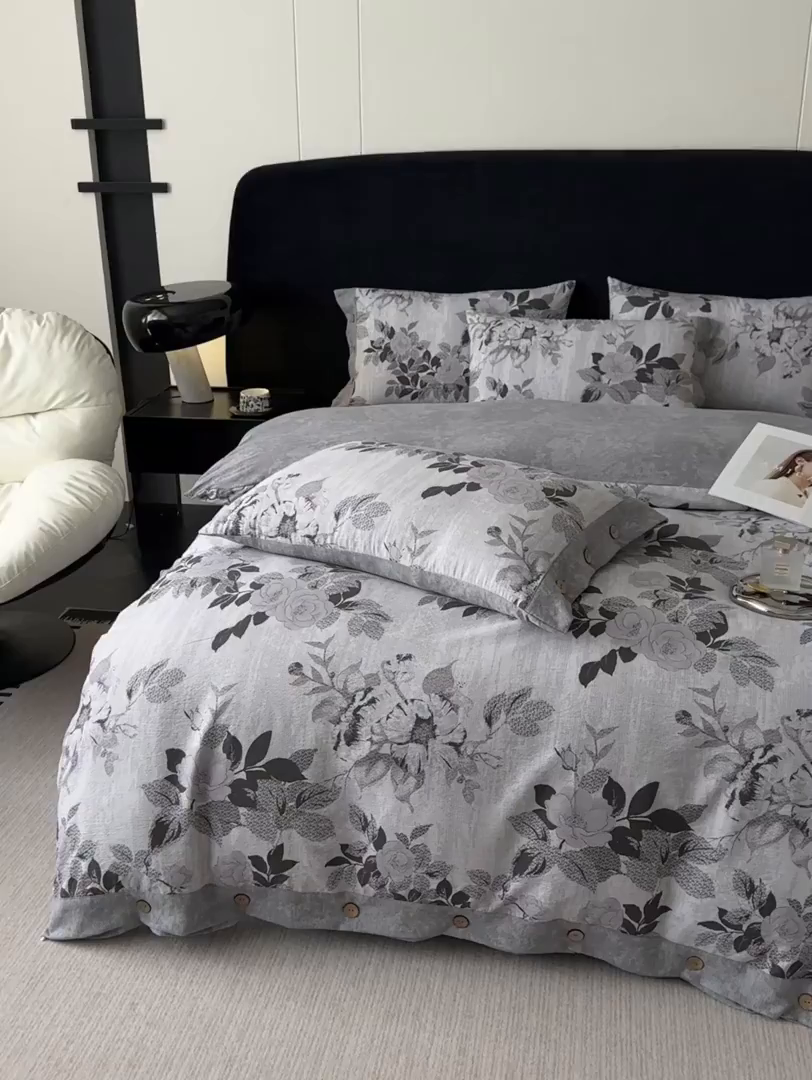 91家纺网 家纺一手货源 找家纺 悦织湾家纺 2025新款纽扣款轻奢原麻四件套复古中式艺术雅致轻奢床上用品三四件套 轻奢原麻-相思-灰