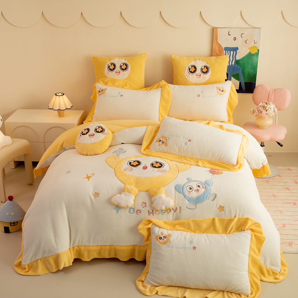 91家纺网 家纺一手货源 找家纺 （总）绒棉世家 2025新款贴布绣A类牛奶绒高克重四件套-蛋仔