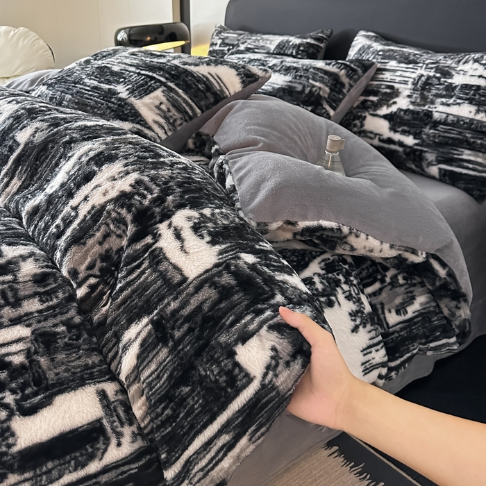 91家纺网 家纺一手货源 找家纺 居易简 2025新款亲肤保暖皮草绒牛奶绒AB面美拉德抽条兔毛绒四件套 大好山河