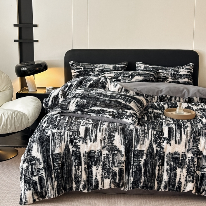 91家纺网 家纺一手货源 找家纺 居易简 2025新款亲肤保暖皮草绒牛奶绒AB面美拉德抽条兔毛绒四件套 大好山河