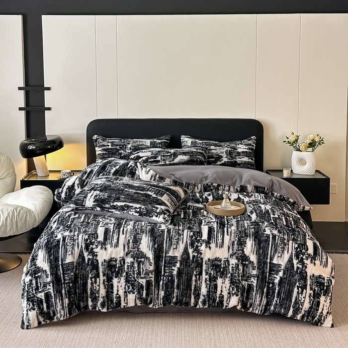 91家纺网 家纺一手货源 找家纺 居易简 2025新款亲肤保暖皮草绒牛奶绒AB面美拉德抽条兔毛绒四件套 大好山河