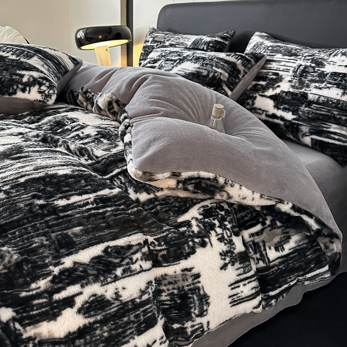 91家纺网 家纺一手货源 找家纺 居易简 2025新款亲肤保暖皮草绒牛奶绒AB面美拉德抽条兔毛绒四件套 大好山河