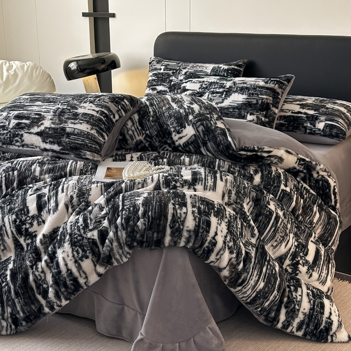 91家纺网 家纺一手货源 找家纺 居易简 2025新款亲肤保暖皮草绒牛奶绒AB面美拉德抽条兔毛绒四件套 大好山河