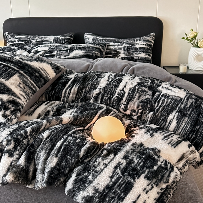 91家纺网 家纺一手货源 找家纺 居易简 2025新款亲肤保暖皮草绒牛奶绒AB面美拉德抽条兔毛绒四件套 大好山河