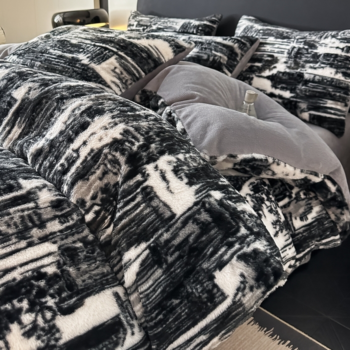 91家纺网 家纺一手货源 找家纺 居易简 2025新款亲肤保暖皮草绒牛奶绒AB面美拉德抽条兔毛绒四件套 大好山河