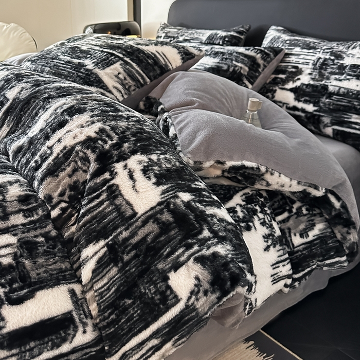 91家纺网 家纺一手货源 找家纺 居易简 2025新款亲肤保暖皮草绒牛奶绒AB面美拉德抽条兔毛绒四件套 大好山河