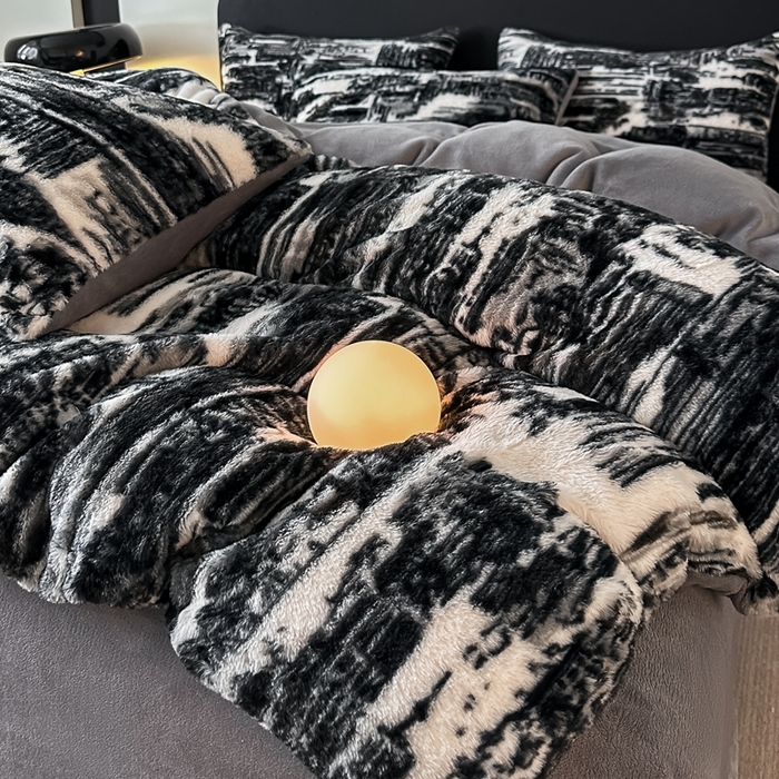 91家纺网 家纺一手货源 找家纺 居易简 2025新款亲肤保暖皮草绒牛奶绒AB面美拉德抽条兔毛绒四件套 大好山河