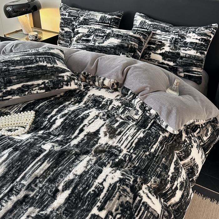 91家纺网 家纺一手货源 找家纺 居易简 2025新款亲肤保暖皮草绒牛奶绒AB面美拉德抽条兔毛绒四件套 大好山河