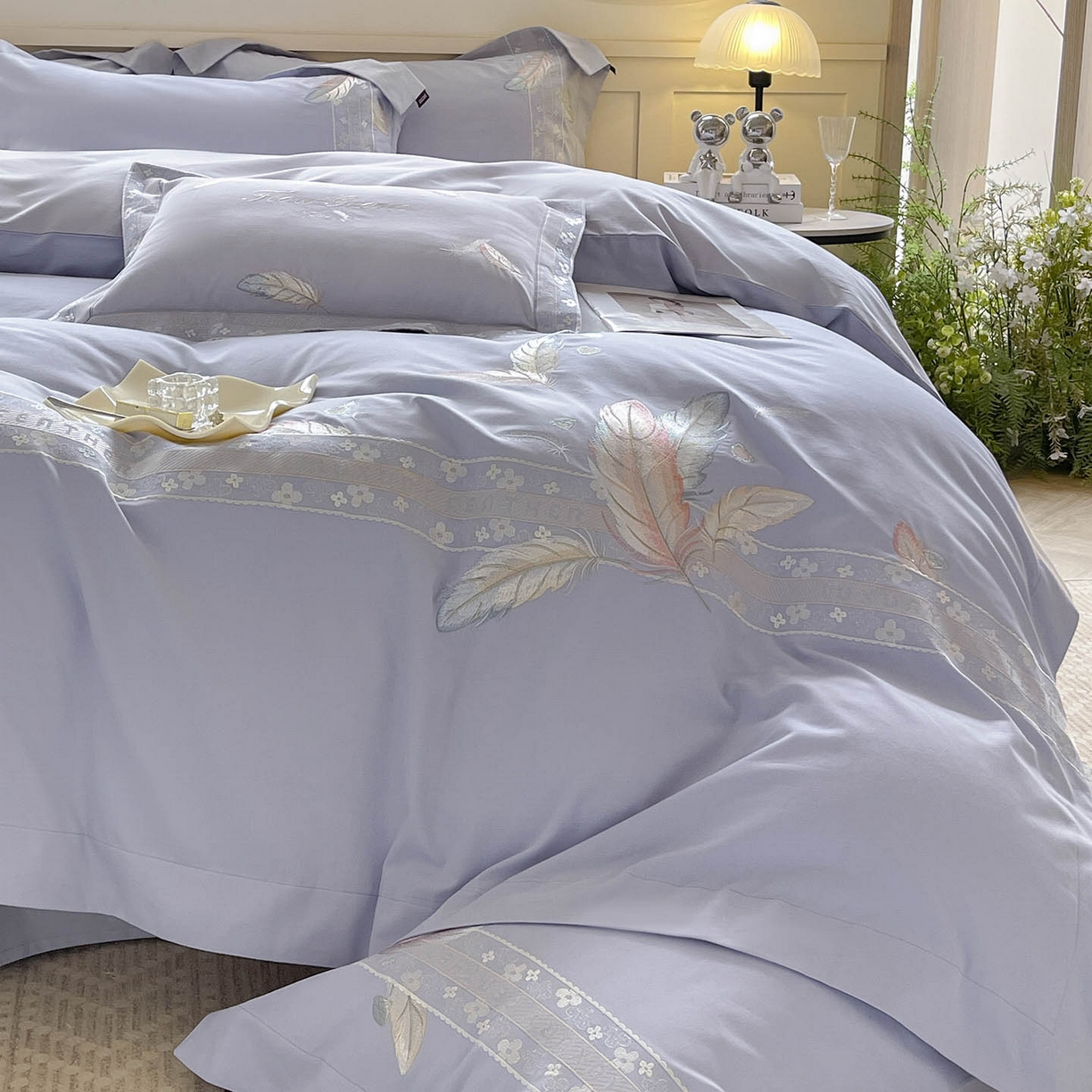 91家纺网 家纺一手货源 找家纺 2025秋冬新品A类加厚保暖全棉磨毛四件套纯棉被套重工刺绣轻奢床笠款直播热款床上用品 缦禾-黛紫