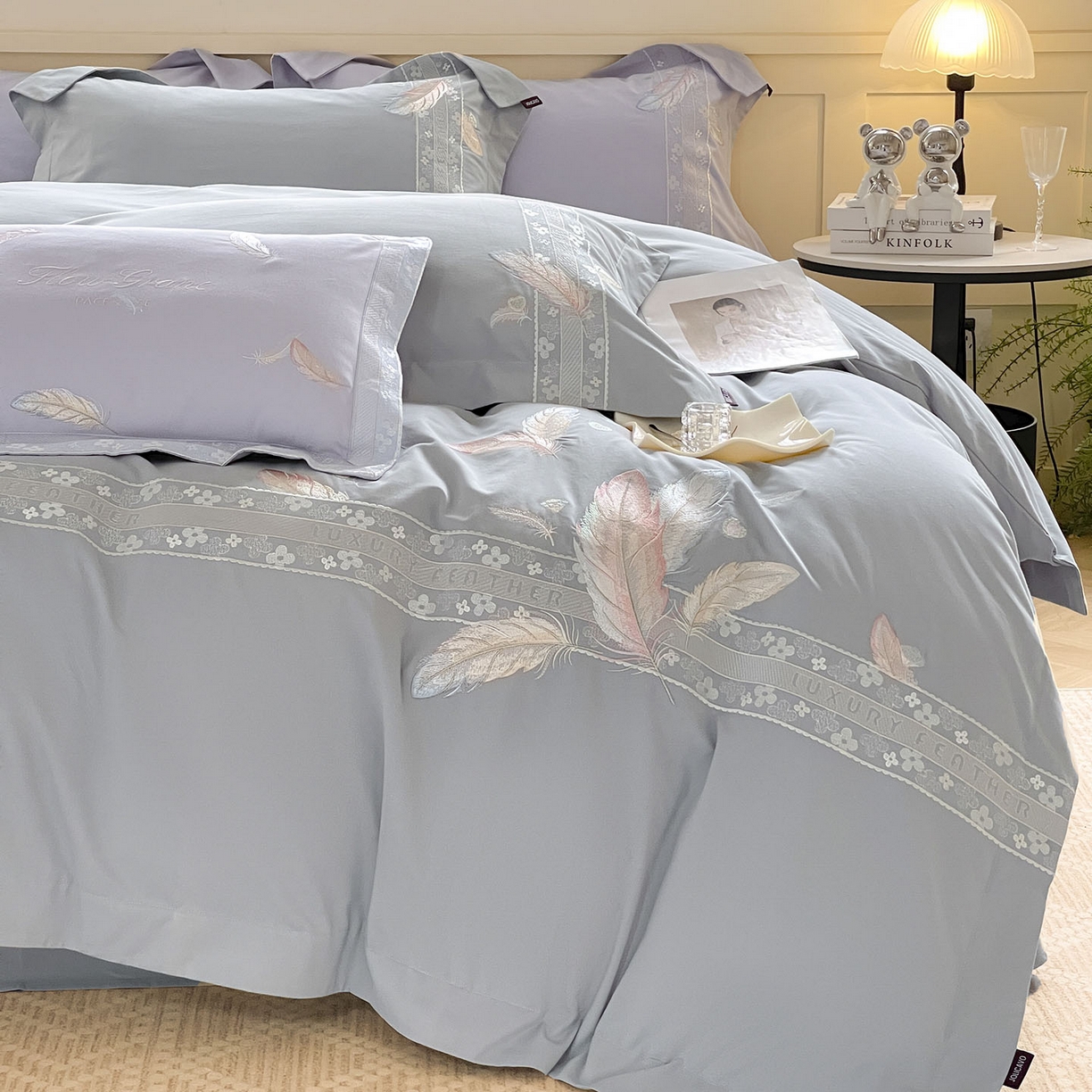 91家纺网 家纺一手货源 找家纺 2025秋冬新品A类加厚保暖全棉磨毛四件套纯棉被套重工刺绣轻奢床笠款直播热款床上用品 缦禾-夜灰