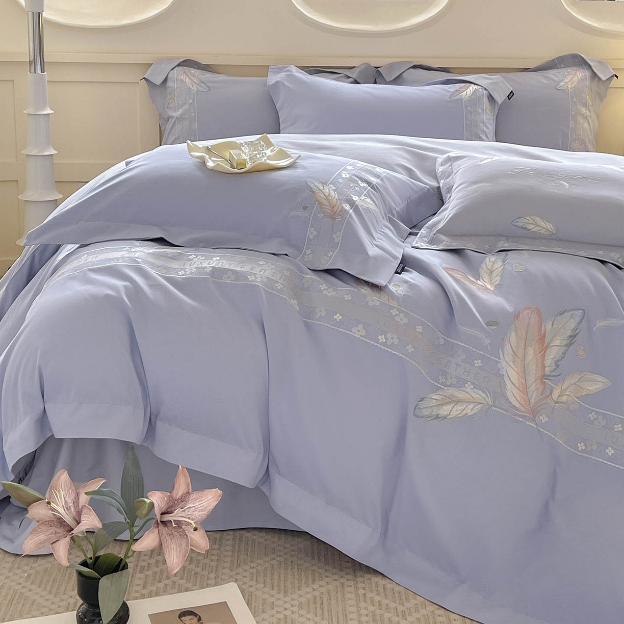 91家纺网 家纺一手货源 找家纺 2025秋冬新品A类加厚保暖全棉磨毛四件套纯棉被套重工刺绣轻奢床笠款直播热款床上用品 缦禾-黛紫