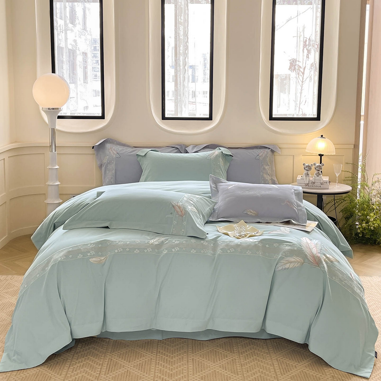 91家纺网 家纺一手货源 找家纺 2025秋冬新品A类加厚保暖全棉磨毛四件套纯棉被套重工刺绣轻奢床笠款直播热款床上用品 缦禾-茶绿