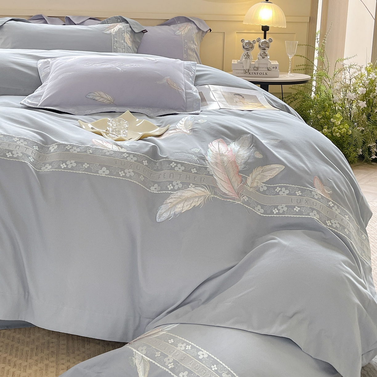 91家纺网 家纺一手货源 找家纺 2025秋冬新品A类加厚保暖全棉磨毛四件套纯棉被套重工刺绣轻奢床笠款直播热款床上用品 缦禾-夜灰