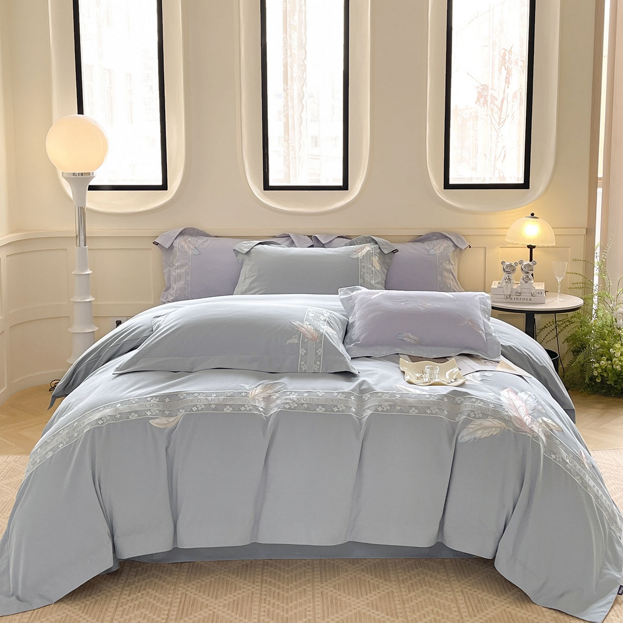 91家纺网 家纺一手货源 找家纺 2025秋冬新品A类加厚保暖全棉磨毛四件套纯棉被套重工刺绣轻奢床笠款直播热款床上用品 缦禾-夜灰