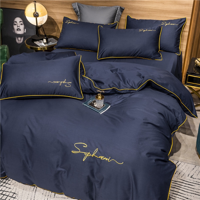 91家纺网 家纺一手货源 找家纺 小叮当家纺仓储工厂店 2025新款(热买家秀不断货)40s贡缎长绒棉纯棉字母款全棉四件套轻奢床上用品 亦凡蓝