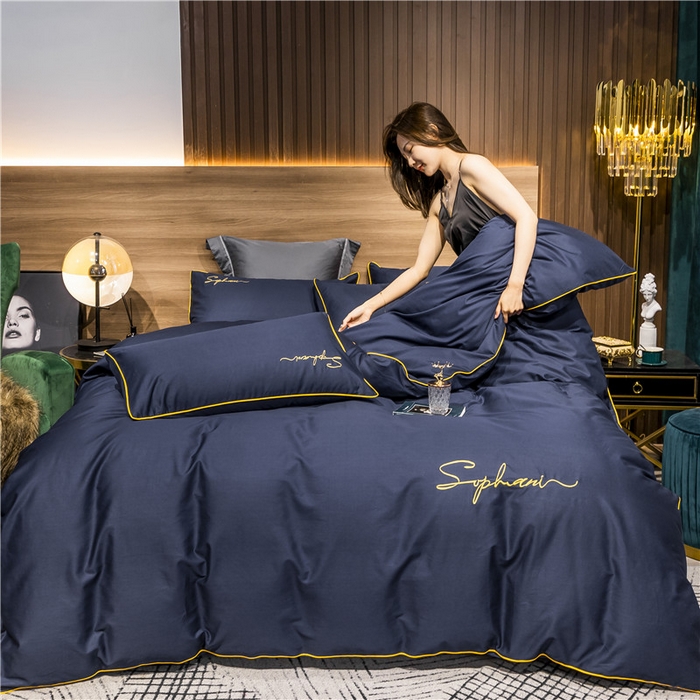 91家纺网 家纺一手货源 找家纺 小叮当家纺仓储工厂店 2025新款(热买家秀不断货)40s贡缎长绒棉纯棉字母款全棉四件套轻奢床上用品 亦凡蓝