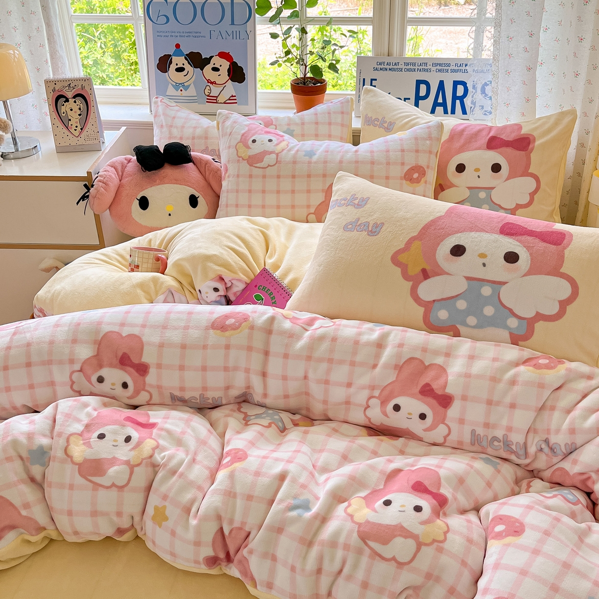 91家纺网 家纺一手货源 找家纺 如一 2025新款高克重卡通印花牛奶绒四件套第二批 粉乐蒂