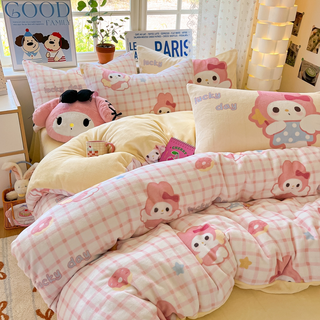 91家纺网 家纺一手货源 找家纺 如一 2025新款高克重卡通印花牛奶绒四件套第二批 粉乐蒂