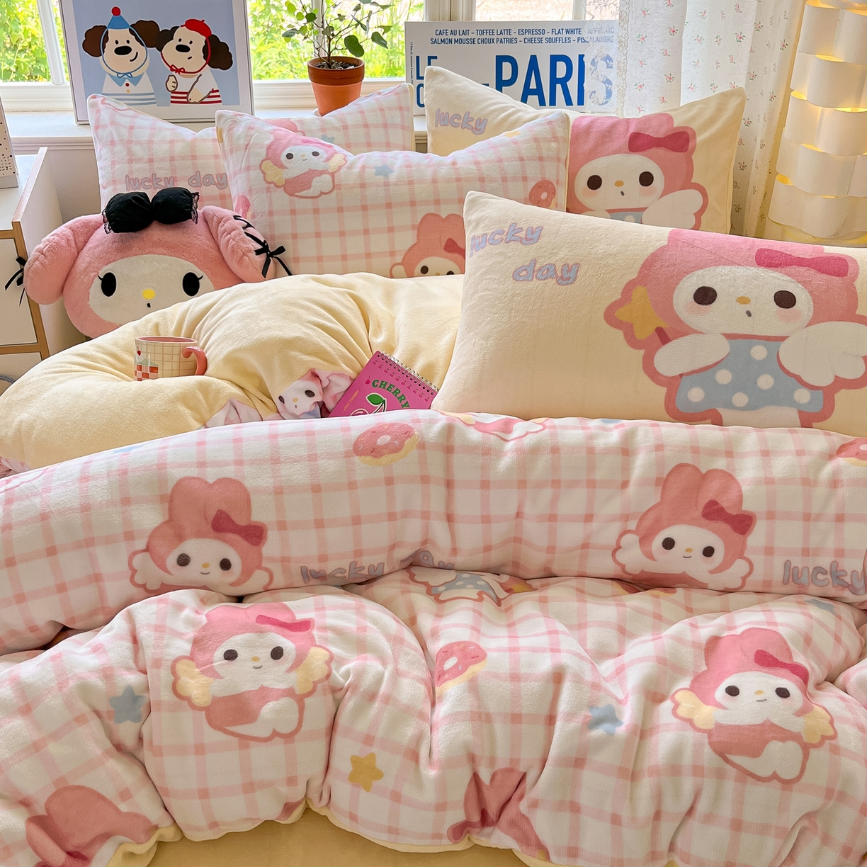 91家纺网 家纺一手货源 找家纺 如一 2025新款高克重卡通印花牛奶绒四件套第二批 粉乐蒂