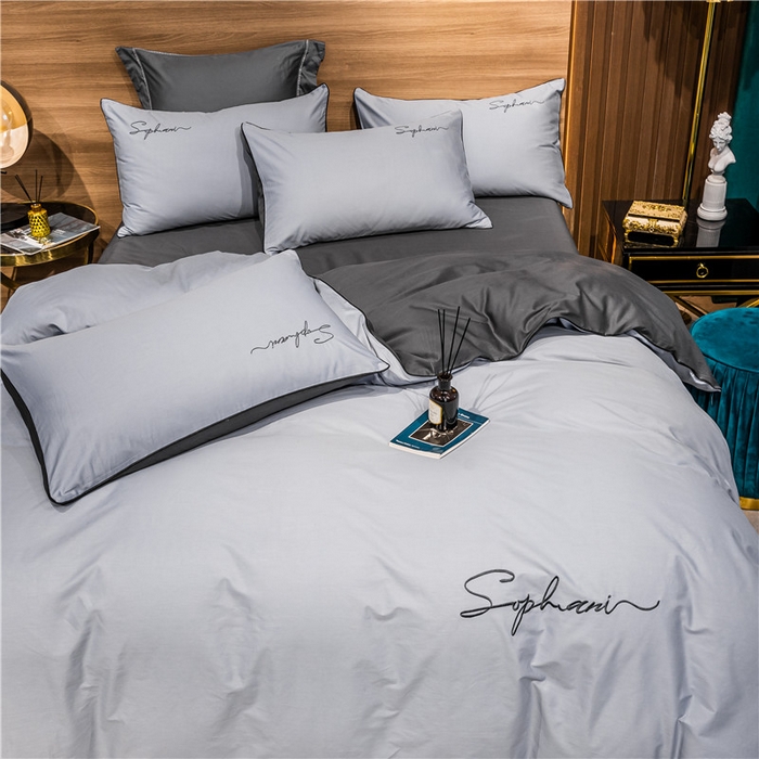 91家纺网 家纺一手货源 找家纺 小叮当家纺仓储工厂店 2025新款(热买家秀不断货)40s贡缎长绒棉纯棉字母款全棉四件套轻奢床上用品 银高级灰