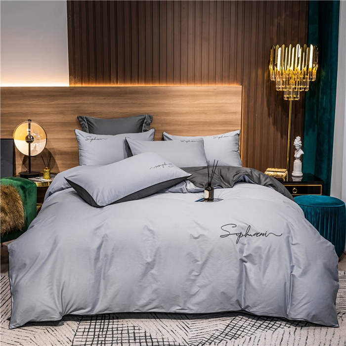 91家纺网 家纺一手货源 找家纺 小叮当家纺仓储工厂店 2025新款(热买家秀不断货)40s贡缎长绒棉纯棉字母款全棉四件套轻奢床上用品 银高级灰