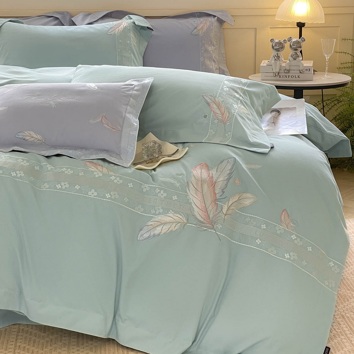 91家纺网 家纺一手货源 找家纺 2025秋冬新品A类加厚保暖全棉磨毛四件套纯棉被套重工刺绣轻奢床笠款直播热款床上用品 缦禾-茶绿