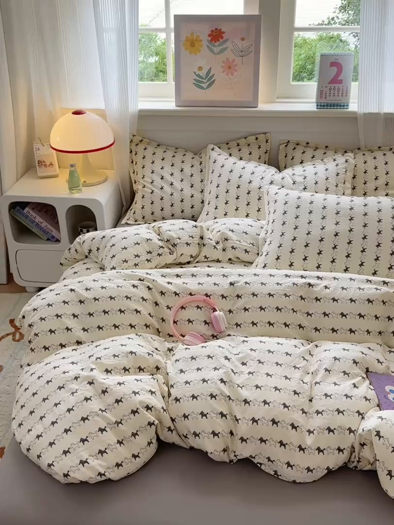 91家纺网 家纺一手货源 找家纺 德比尔斯 2025新款爆款韩国小布袋古法水洗棉云感棉四件套 爱马仕