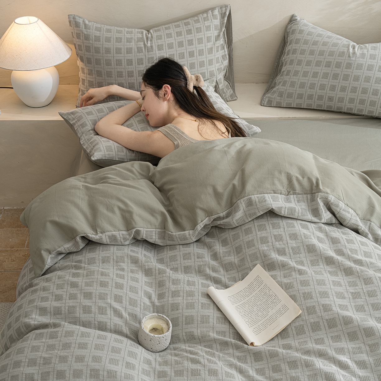 91家纺网 家纺一手货源 找家纺 小叮当家纺仓储工厂店 2025新款秋冬(热买家秀不断货)亲肤舒适棉麻提花全棉纯棉磨毛四件套禾屿禾屿系列 禾屿·绿