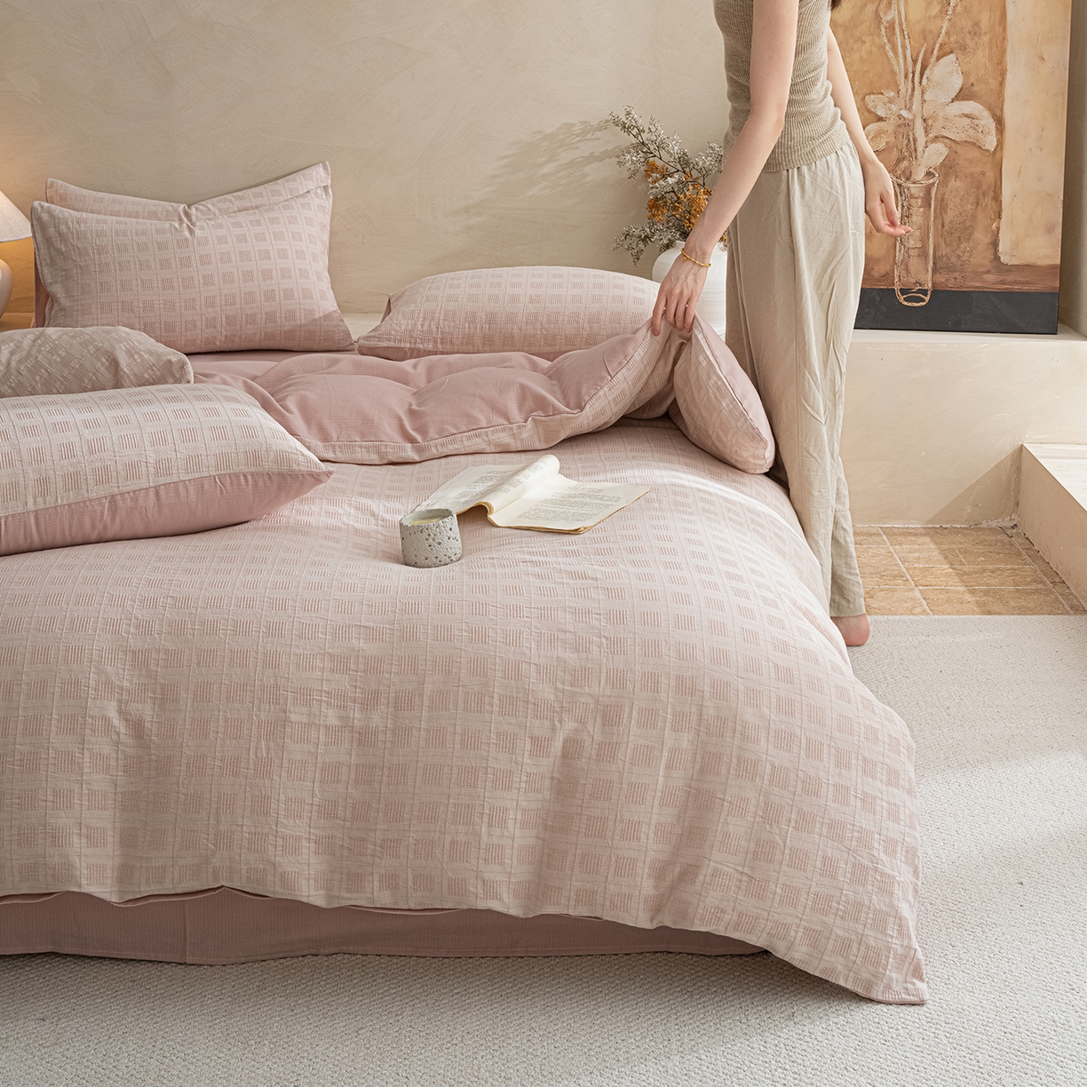 91家纺网 家纺一手货源 找家纺 小叮当家纺仓储工厂店 2025新款秋冬(热买家秀不断货)亲肤舒适棉麻提花全棉纯棉磨毛四件套禾屿禾屿系列 禾屿·粉