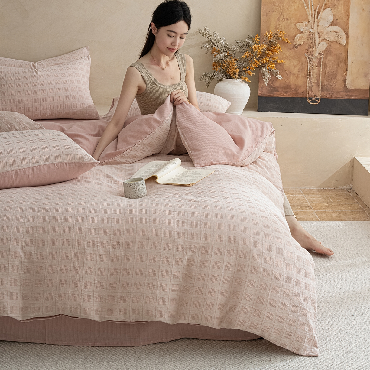 91家纺网 家纺一手货源 找家纺 小叮当家纺仓储工厂店 2025新款秋冬(热买家秀不断货)亲肤舒适棉麻提花全棉纯棉磨毛四件套禾屿禾屿系列 禾屿·粉