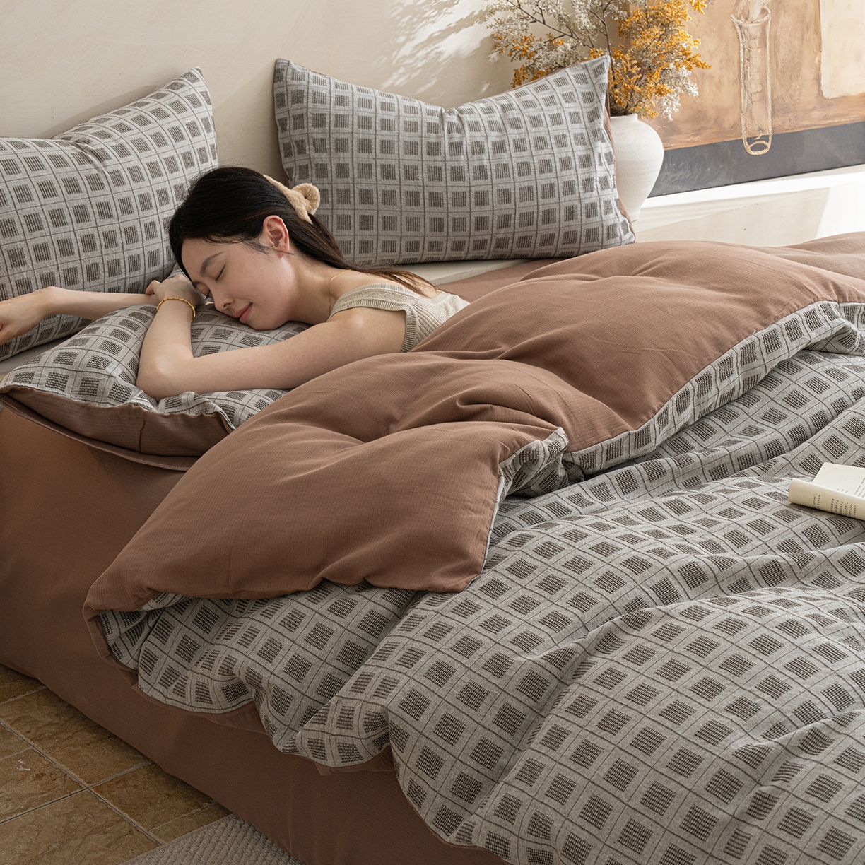 91家纺网 家纺一手货源 找家纺 小叮当家纺仓储工厂店 2025新款秋冬(热买家秀不断货)亲肤舒适棉麻提花全棉纯棉磨毛四件套禾屿禾屿系列 禾屿·棕