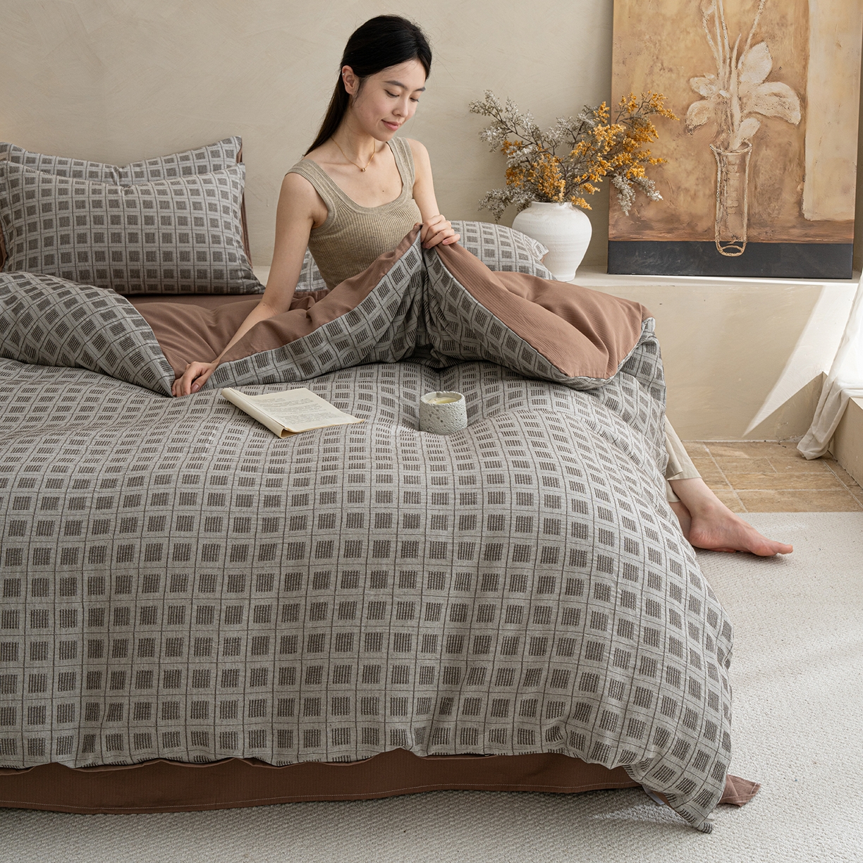 91家纺网 家纺一手货源 找家纺 小叮当家纺仓储工厂店 2025新款秋冬(热买家秀不断货)亲肤舒适棉麻提花全棉纯棉磨毛四件套禾屿禾屿系列 禾屿·棕