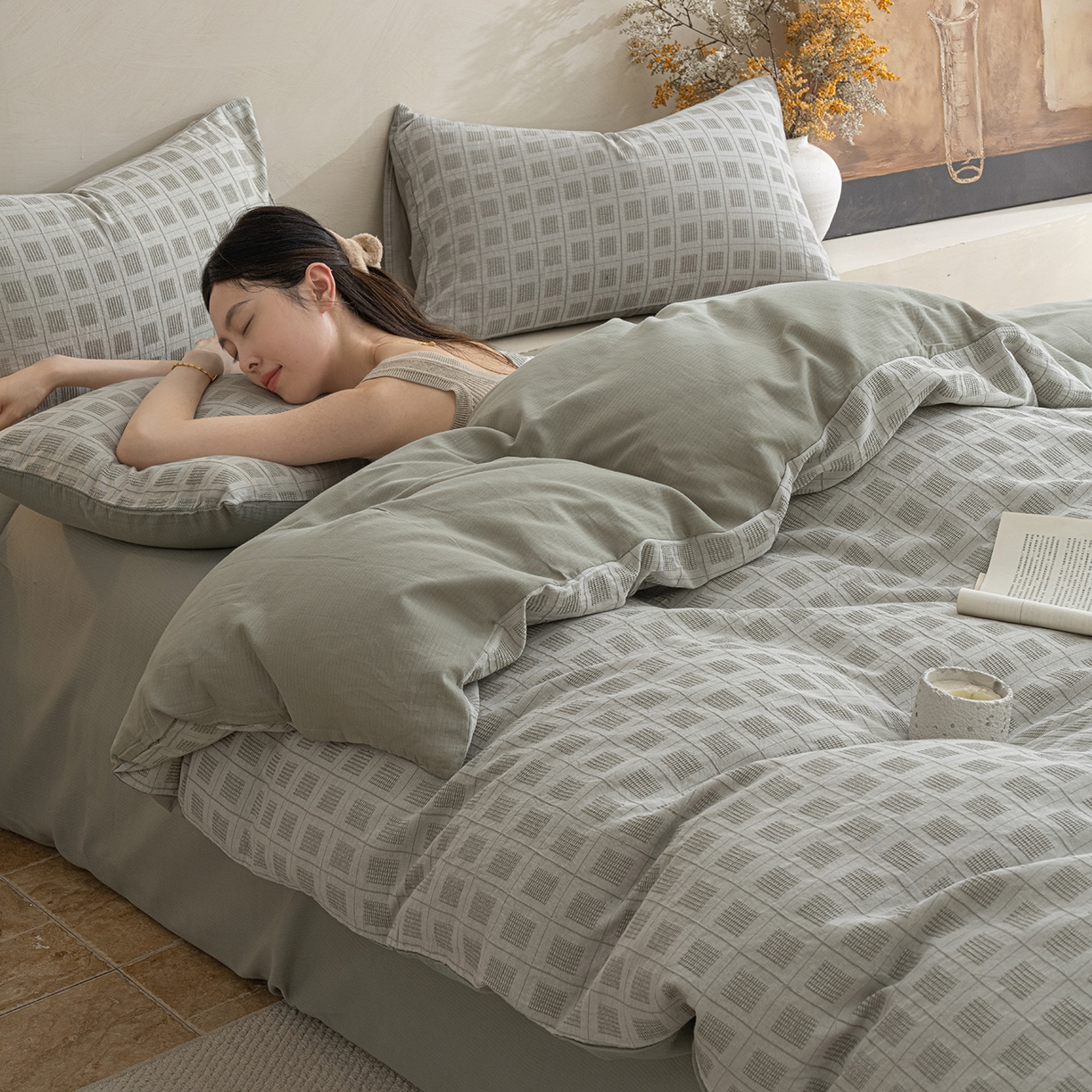 91家纺网 家纺一手货源 找家纺 小叮当家纺仓储工厂店 2025新款秋冬(热买家秀不断货)亲肤舒适棉麻提花全棉纯棉磨毛四件套禾屿禾屿系列 禾屿·绿