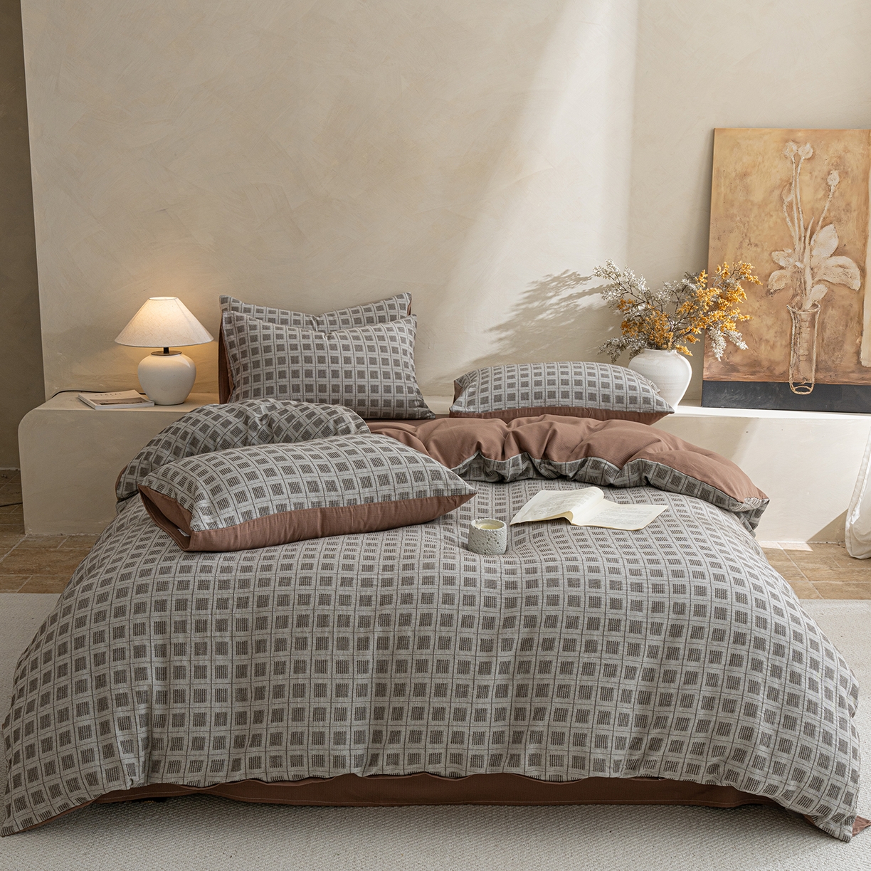 91家纺网 家纺一手货源 找家纺 小叮当家纺仓储工厂店 2025新款秋冬(热买家秀不断货)亲肤舒适棉麻提花全棉纯棉磨毛四件套禾屿禾屿系列 禾屿·棕